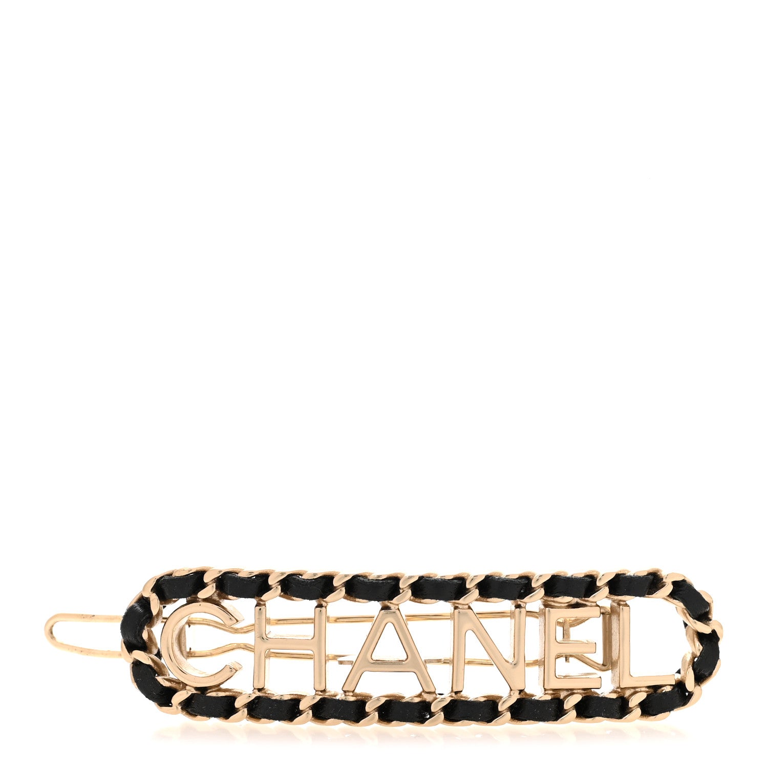 Chanel Metal Lambskin Vintage Allure Logo Hair Clip Black Gold 1 of 3