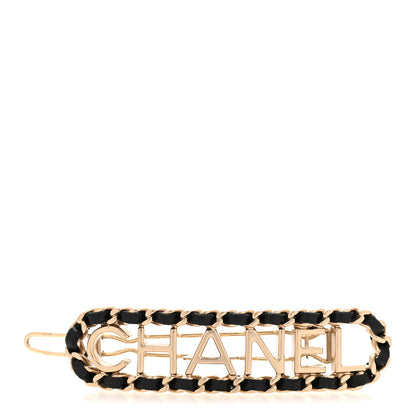 Chanel Metal Lambskin Vintage Allure Logo Hair Clip Black Gold 1 of 3