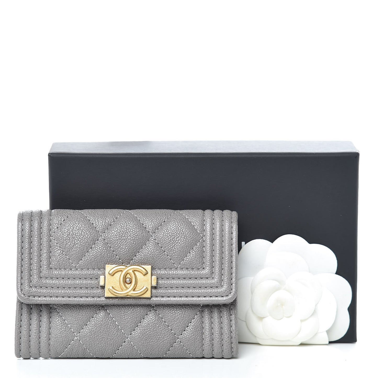 Caviar Quilted Boy Flap Card Holder Grey
