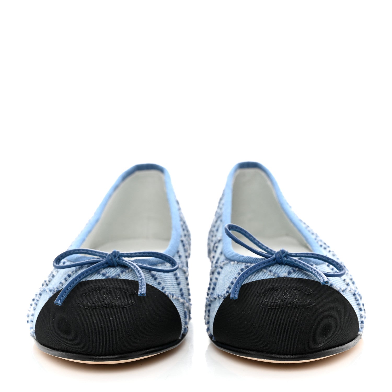 Chanel Denim Embroidered Grosgrain CC Cap Toe Ballerina Flats 37 Blue Black 2 of 9