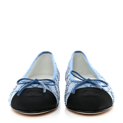 Chanel Denim Embroidered Grosgrain CC Cap Toe Ballerina Flats 37 Blue Black 2 of 9