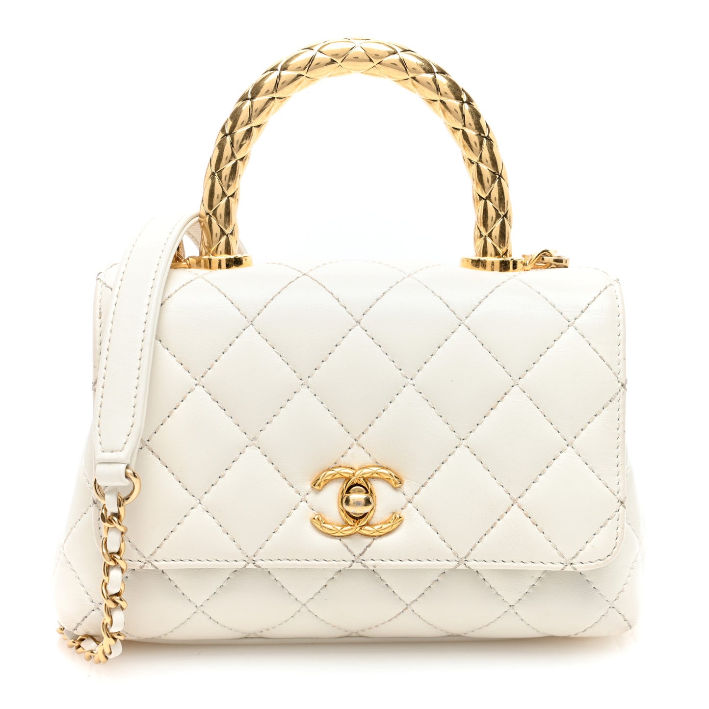 Shiny Calfskin Quilted Extra Mini Coco Chain Gold Handle Flap White