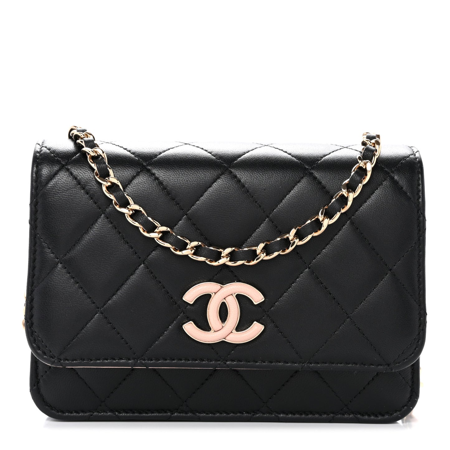 Lambskin Quilted Mini Wallet on Chain WOC Black Pink