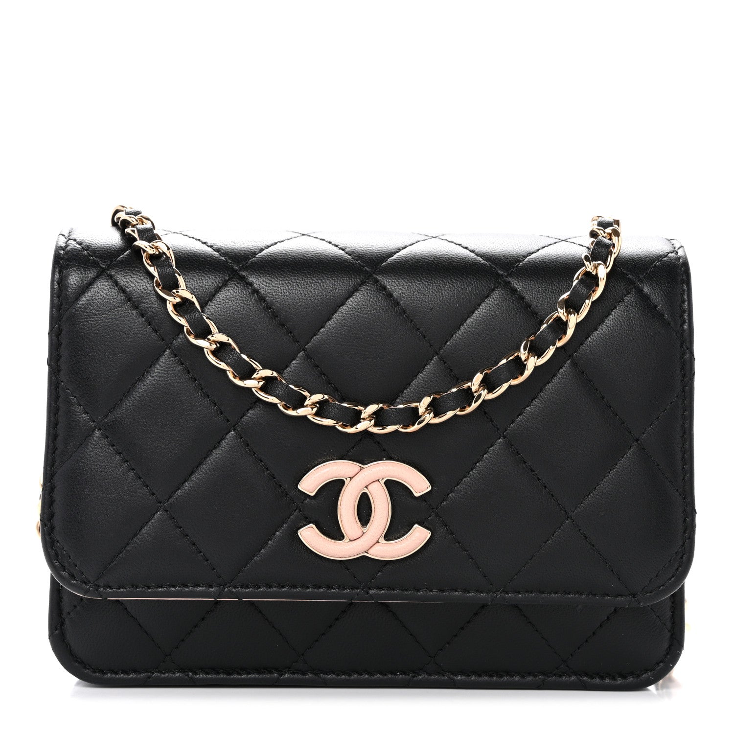 Chanel Lambskin Quilted Mini Wallet on Chain WOC Black Pink 1 of 13