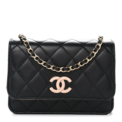 Chanel Lambskin Quilted Mini Wallet on Chain WOC Black Pink 1 of 13