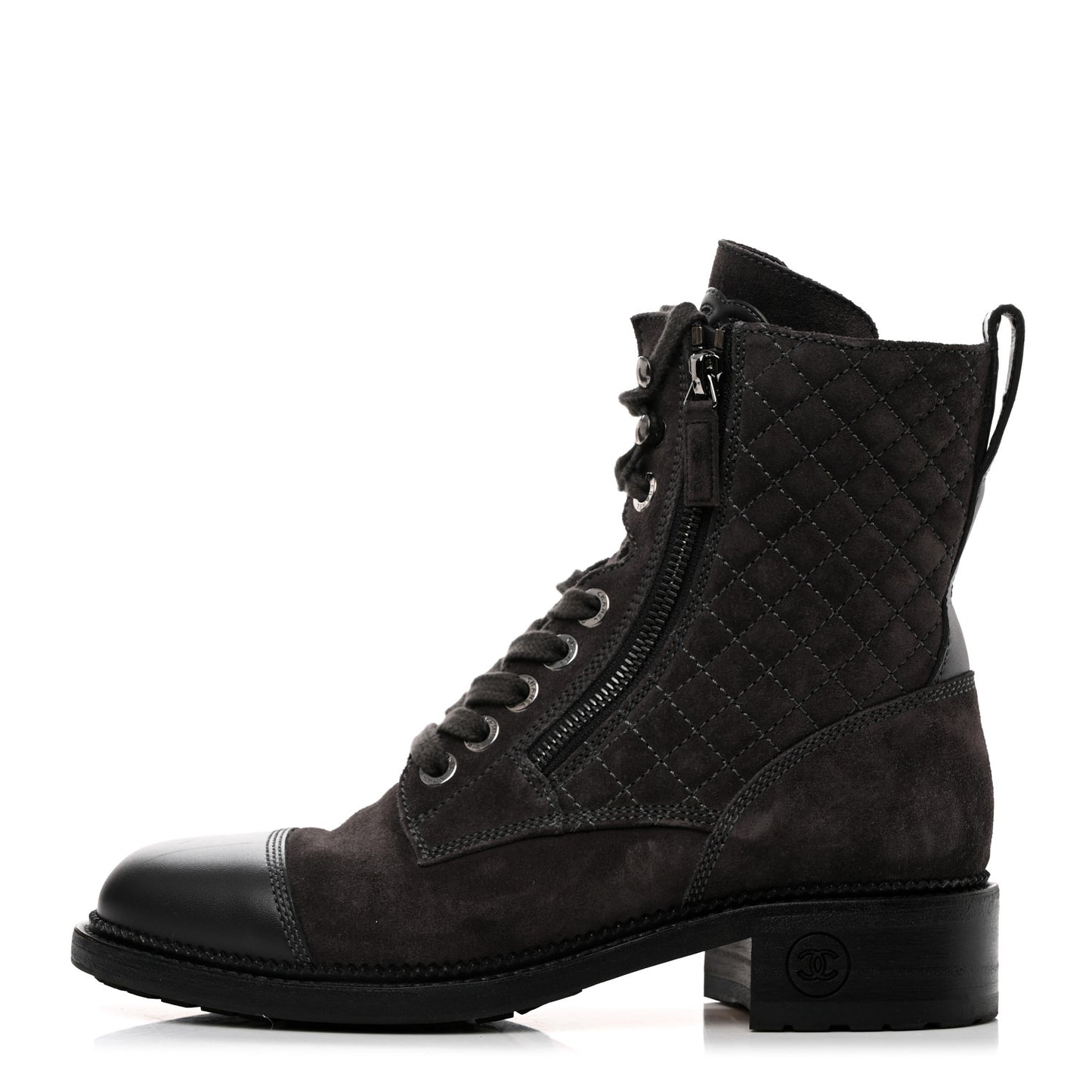 Suede Calfskin Quilted Lace Up Boots 39 Grey