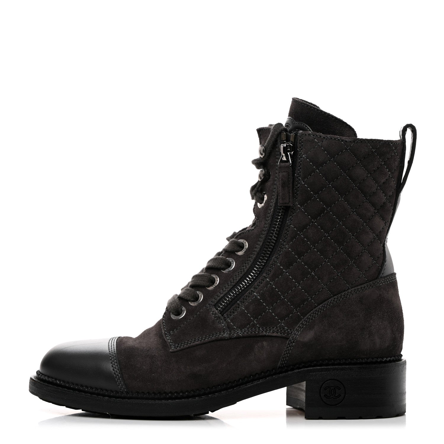 Chanel Suede Calfskin Quilted Lace Up Boots 39 Grey 1 of 8