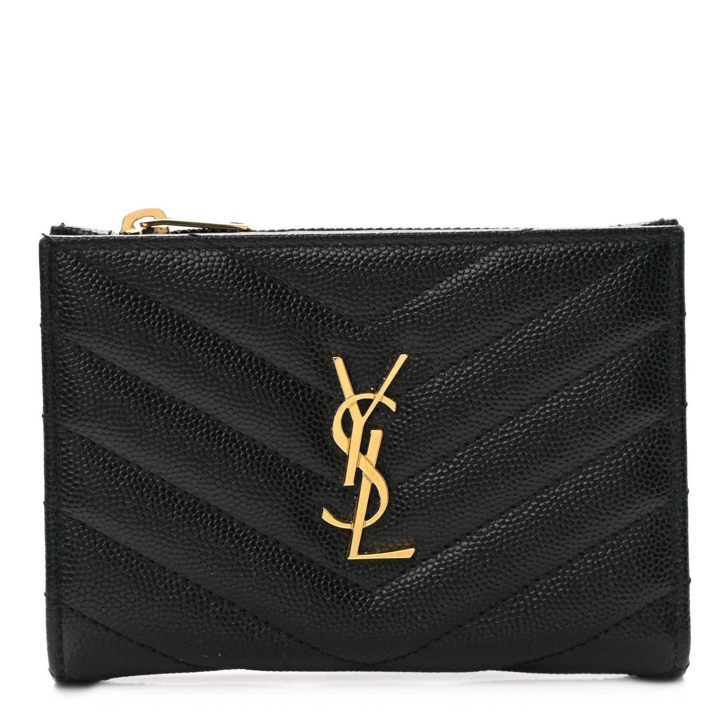 Saint Laurent Grain De Poudre Matelasse Chevron Monogram Zipped Two-Part Wallet Black 1 of 7