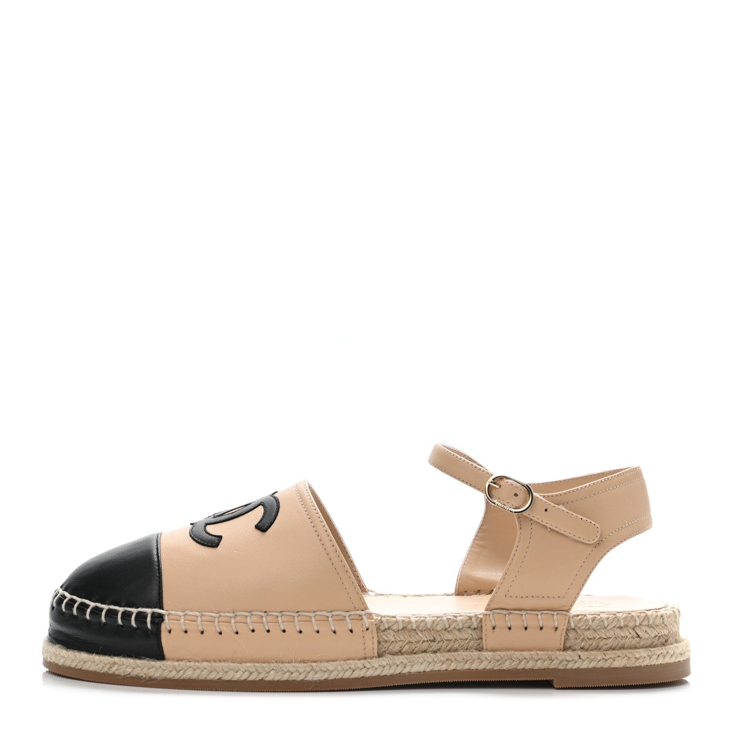 Chanel Lambskin Cap Toe CC Espadrille Sandals 41 Beige Black 1 of 4