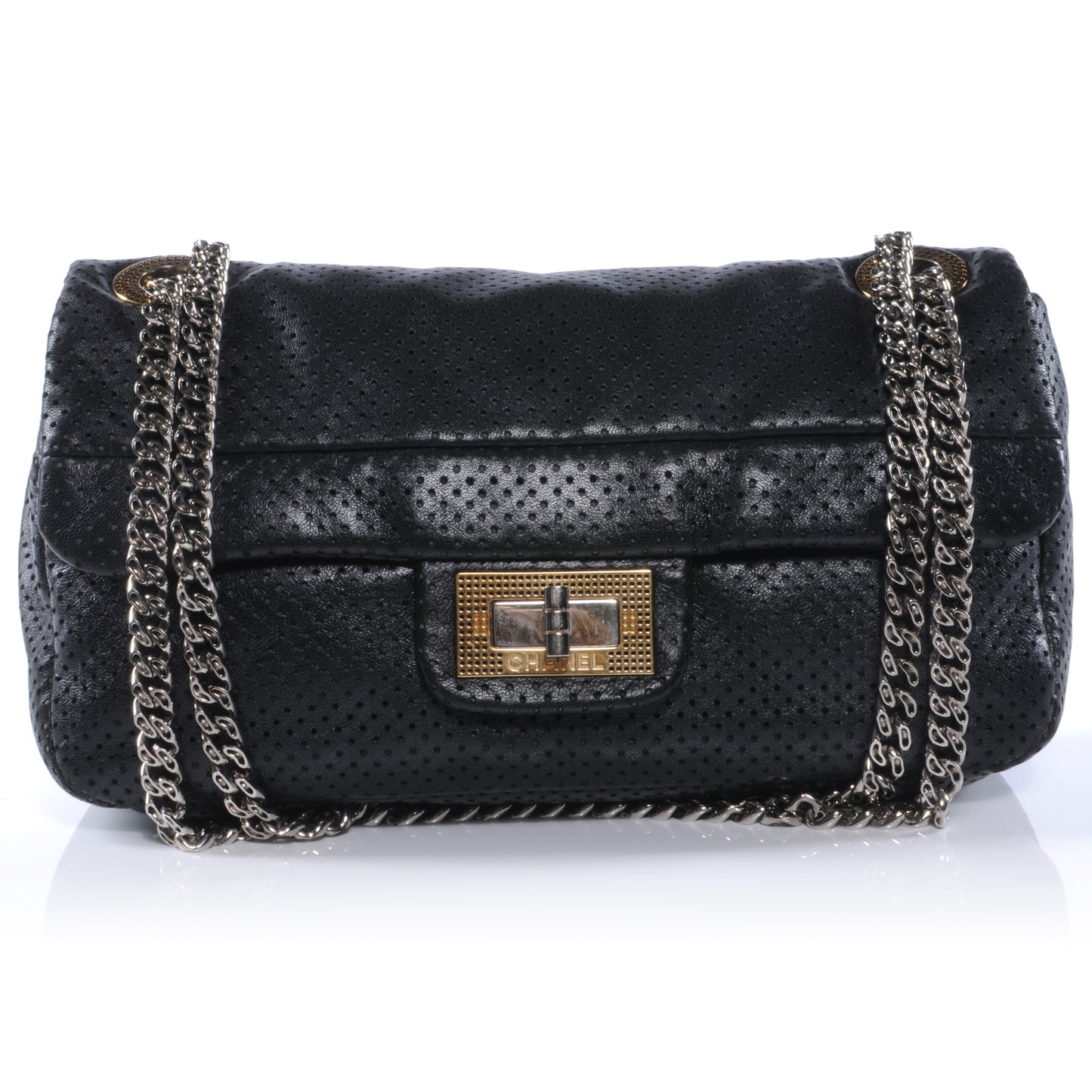 Metallic Crackled Calfskin Perforated Drill Flap Black