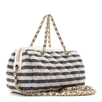 Chanel Printed Fabric Clutch With Chain Light Beige Dark Blue 3 of 12