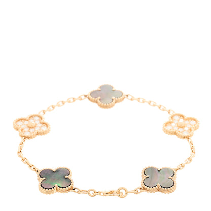 Van Cleef & Arpels 18K Rose Gold Diamond Gray Mother of Pearl 5 Motifs Vintage Alhambra Bracelet 2 of 5