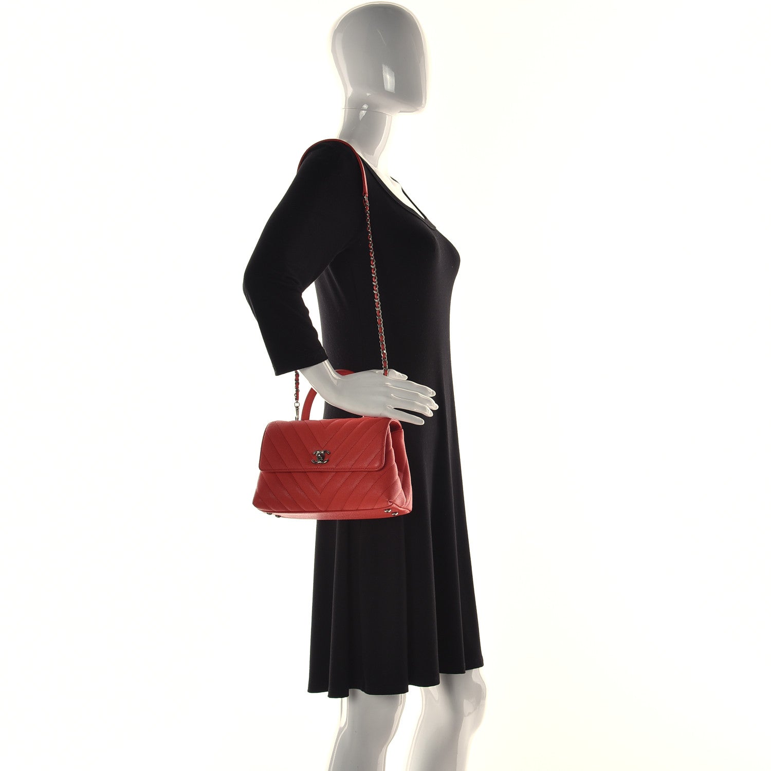 Chanel Caviar Chevron Quilted Mini Coco Handle Flap Red 2 of 11