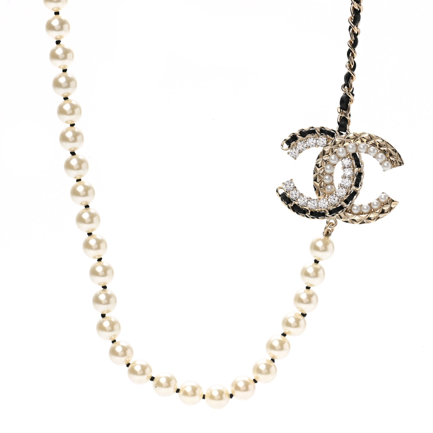Pearl Crystal Lambskin CC Necklace Gold Black