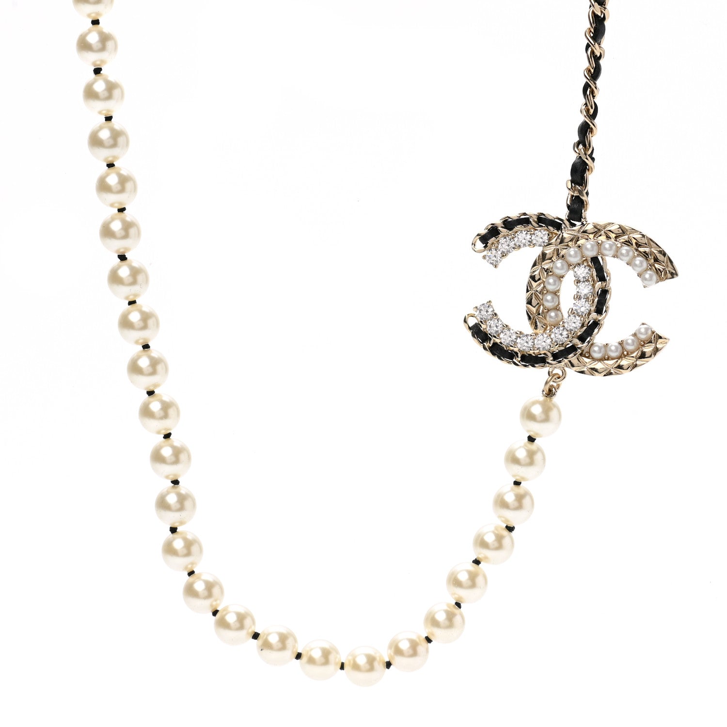 Chanel Pearl Crystal Lambskin CC Necklace Gold Black 1 of 7