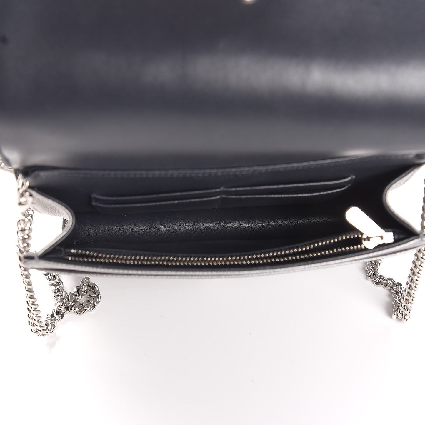 Metallic Grained Calfskin Diorama Wallet on Chain Pouch Silver
