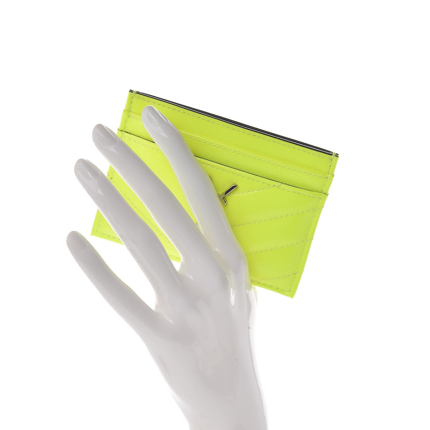 Saint Laurent Patent Grain De Poudre Matelasse Chevron Monogram Credit Card Case Neon Yellow 2 of 8