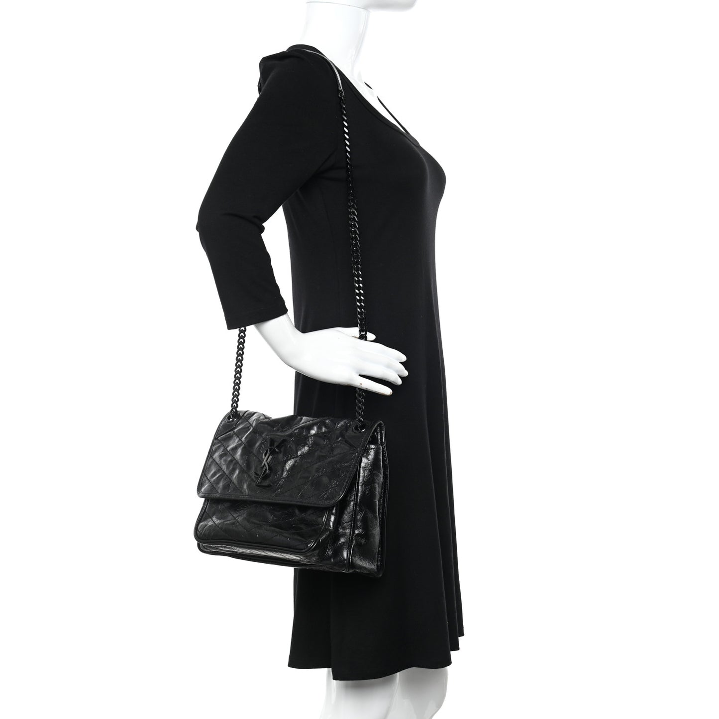 Crinkled Calfskin Matelasse Monogram Medium Niki Chain Satchel Black