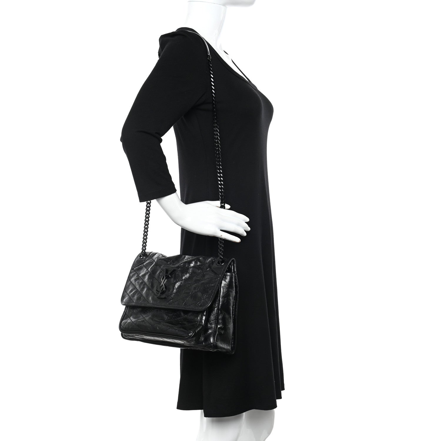Saint Laurent Crinkled Calfskin Matelasse Monogram Medium Niki Chain Satchel Black 2 of 11