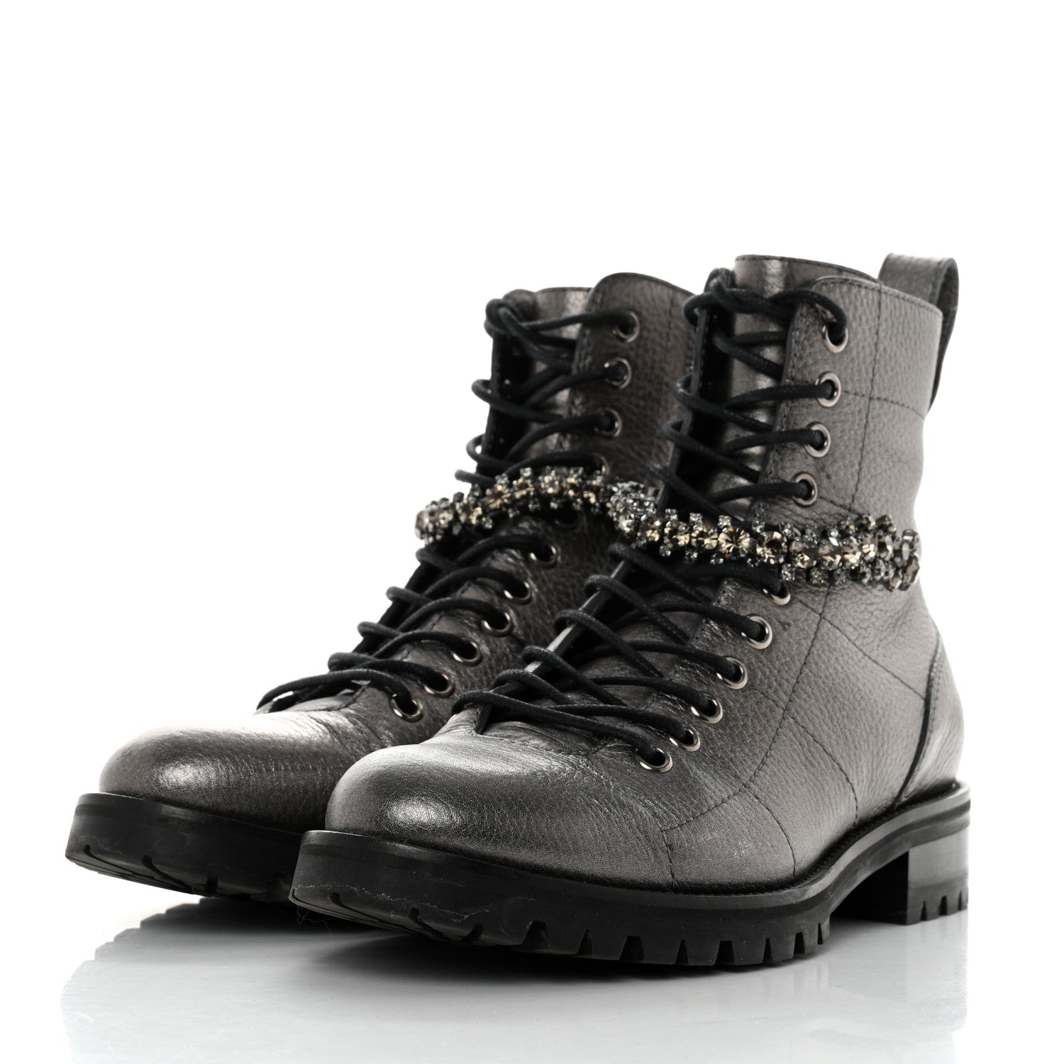 Jimmy Choo Metallic Grained Goatskin Pearl Crystal Embellished Cruz Combat Boots 37 Grey 3 of 11