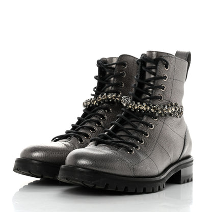 Jimmy Choo Metallic Grained Goatskin Pearl Crystal Embellished Cruz Combat Boots 37 Grey 3 of 11