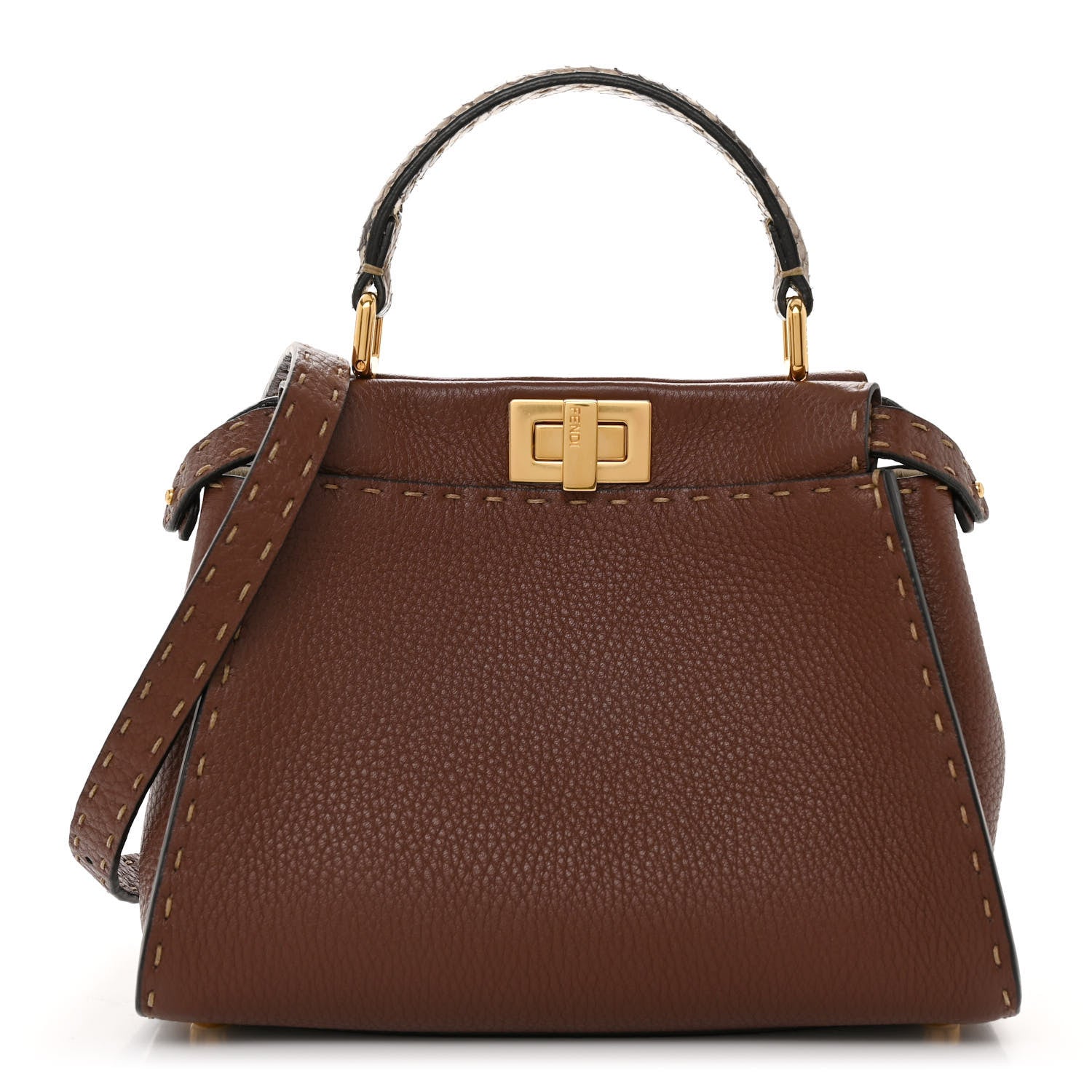 Fendi Cuoio Romano Snakeskin Selleria Bi-Color Mini Peekaboo Iconic Satchel Ghianda Camelia White 1 of 10