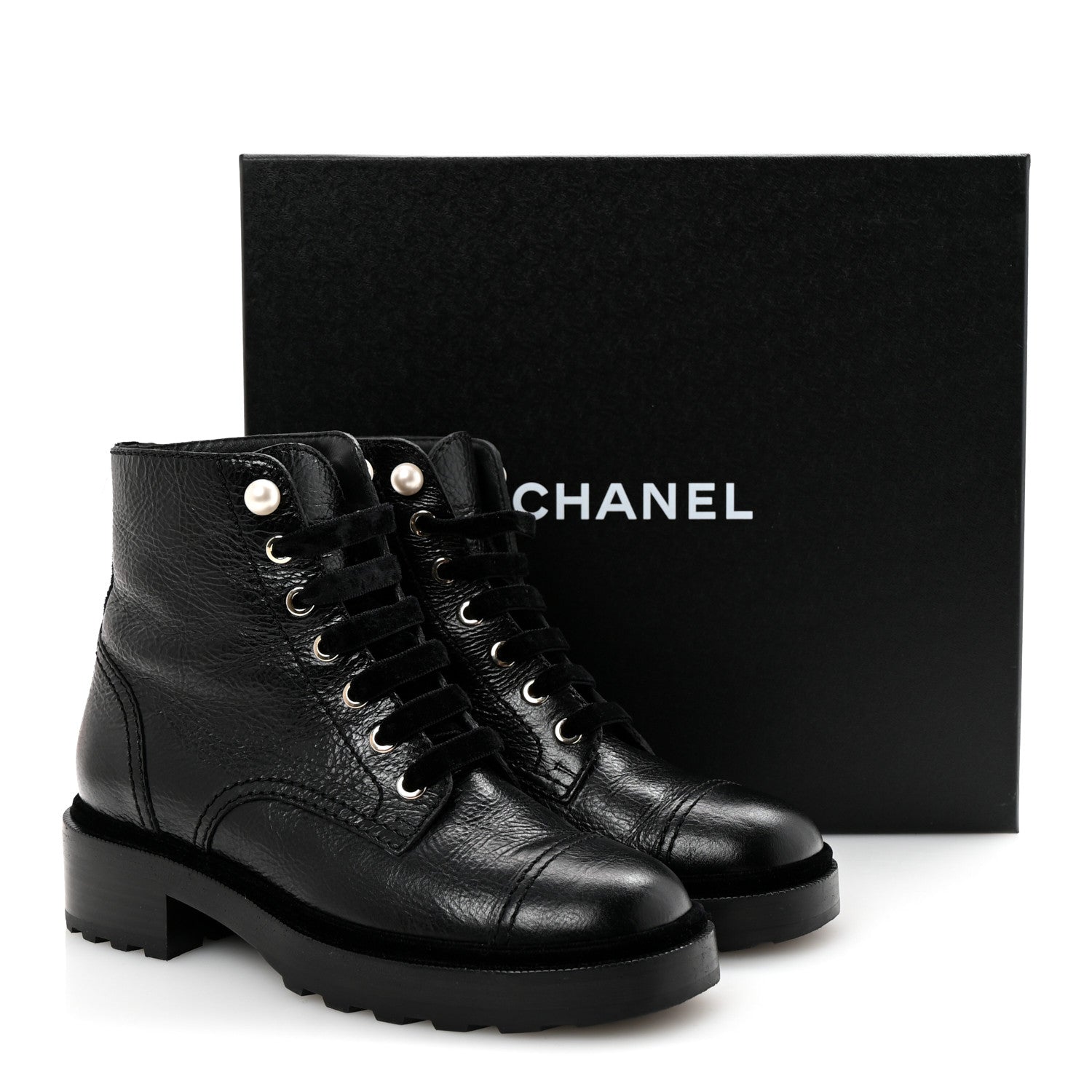 Chanel Shiny Calfskin Velvet Pearl Combat Short Boots 37 Black 10 of 10
