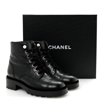 Chanel Shiny Calfskin Velvet Pearl Combat Short Boots 37 Black 10 of 10