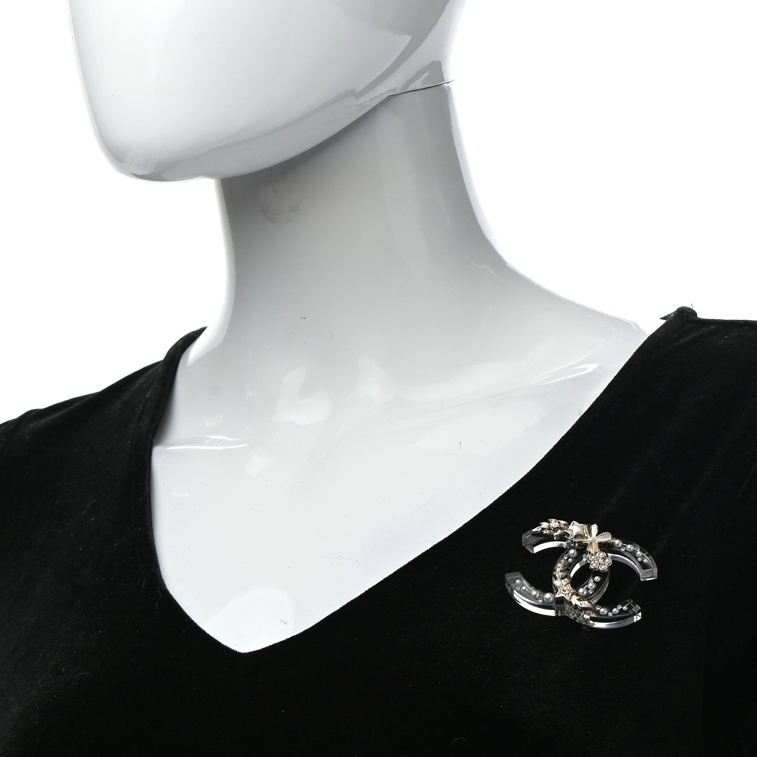 Chanel Resin Pearl Crystal CC Brooch Transparent Gold 2 of 4