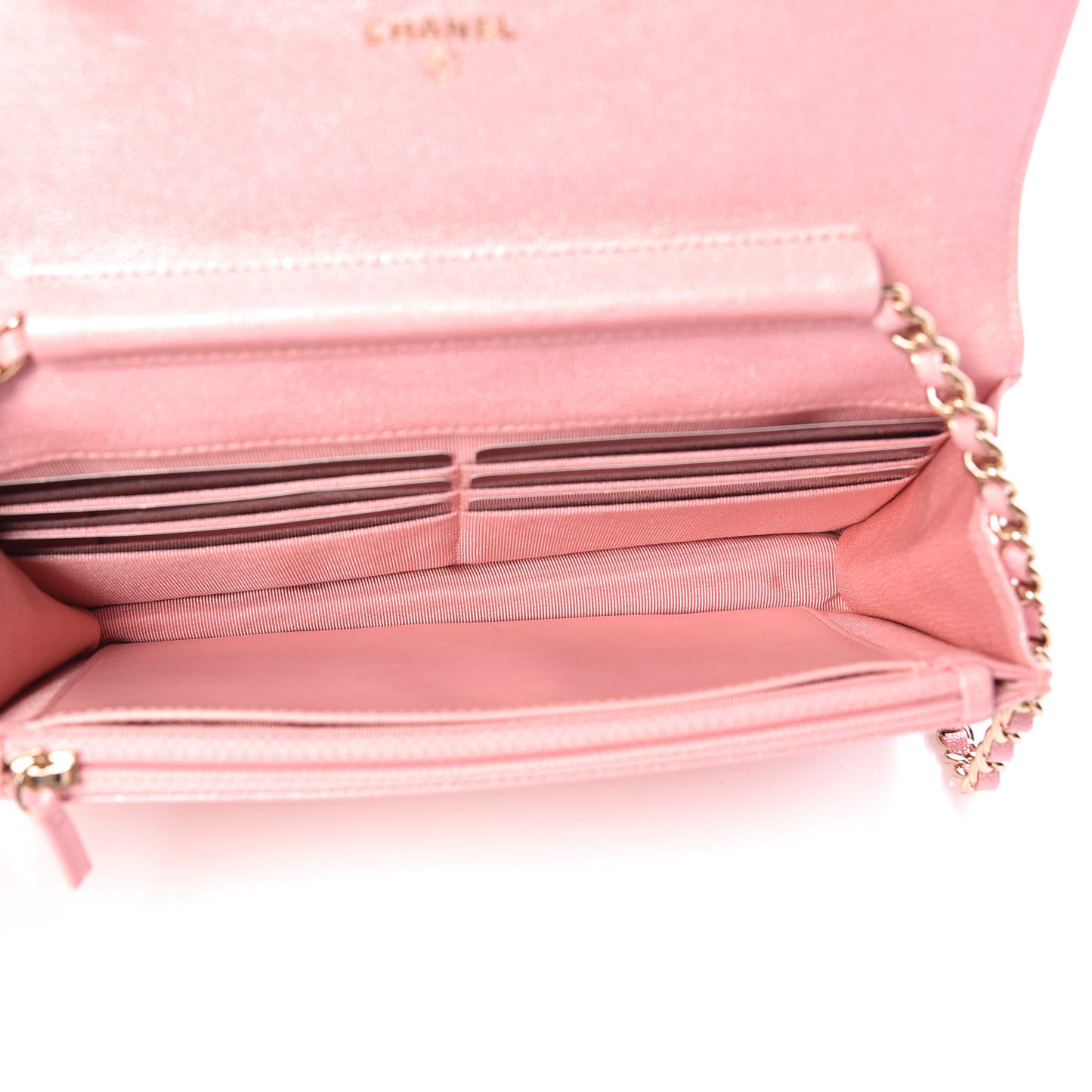 Iridescent Caviar Quilted Wallet on Chain WOC Rose Pink