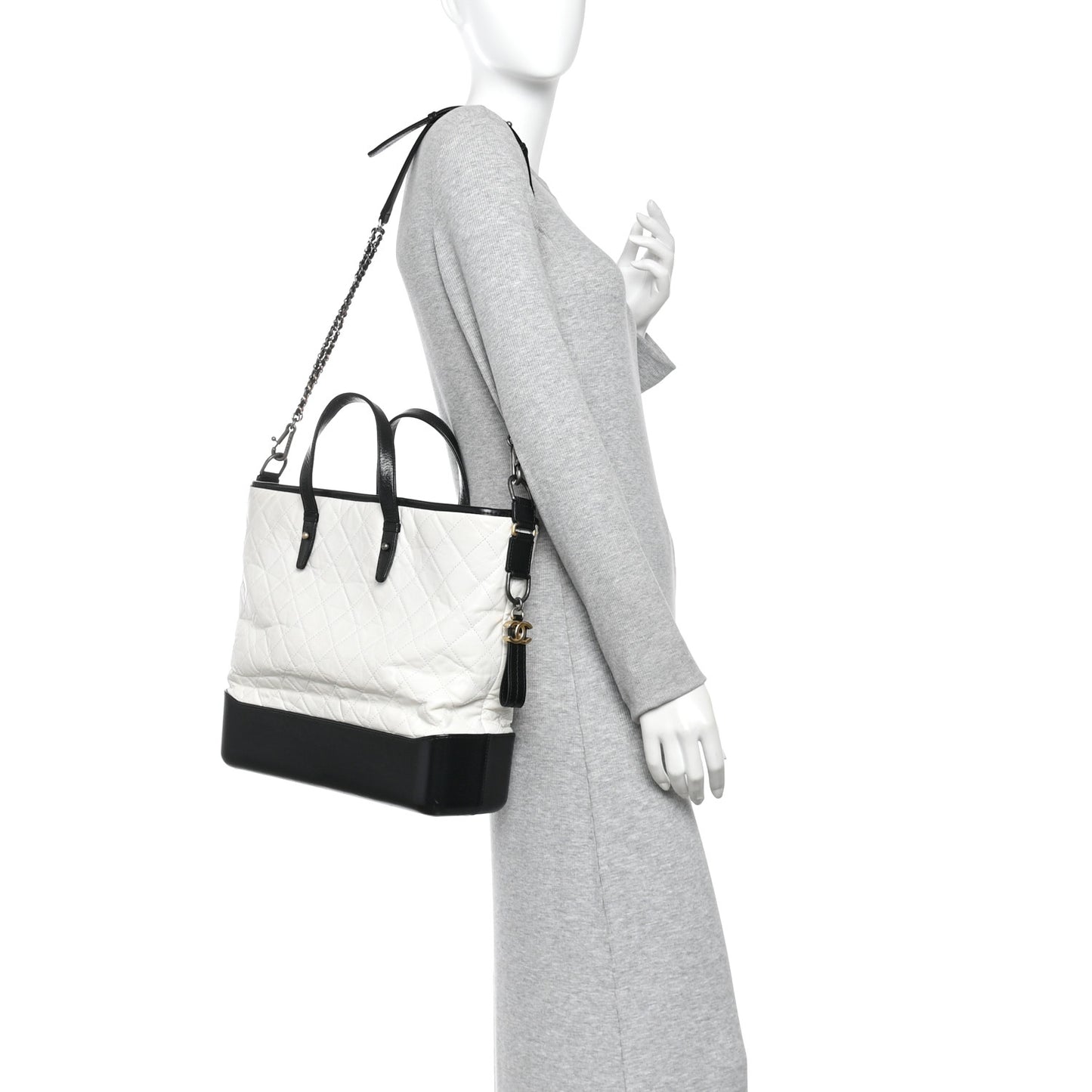 Aged Calfskin Quilted Large Gabrielle Shopping Tote White Black