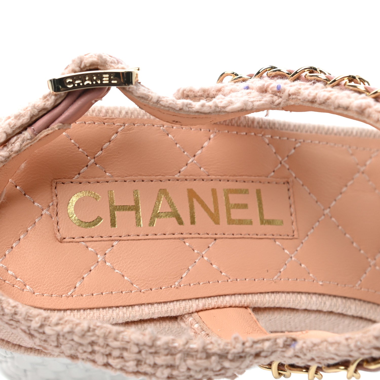 Chanel Tweed Chain Platform Sandals 37.5 Light Pink 7 of 8