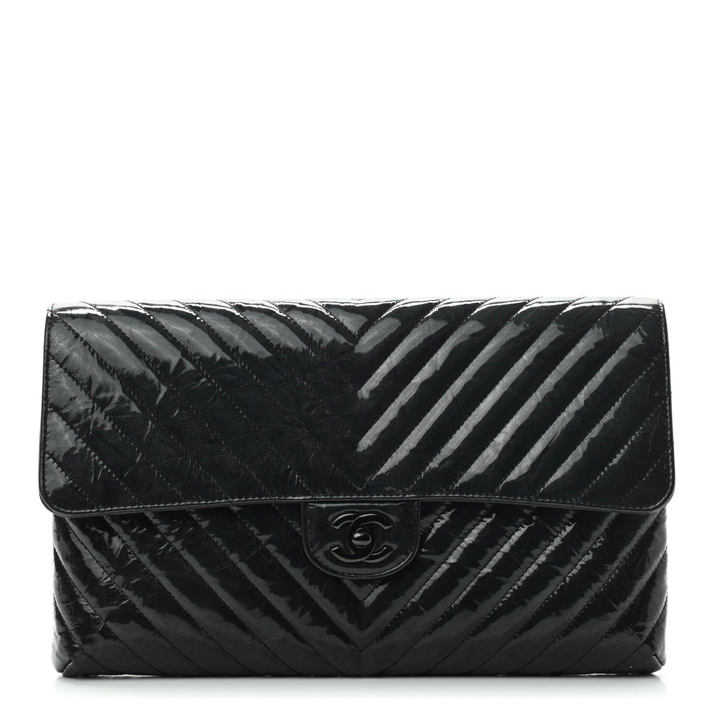 Metallic Crumpled Patent Calfskin Chevron Quilted Flap Clutch Black