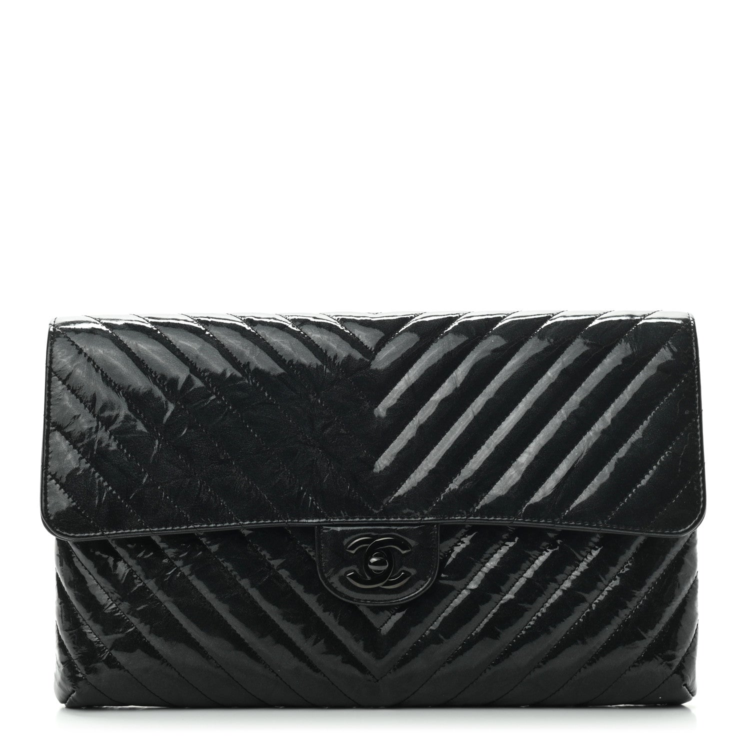 Chanel Metallic Crumpled Patent Calfskin Chevron Quilted Flap Clutch Black 1 of 7