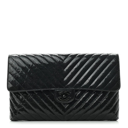 Chanel Metallic Crumpled Patent Calfskin Chevron Quilted Flap Clutch Black 1 of 7