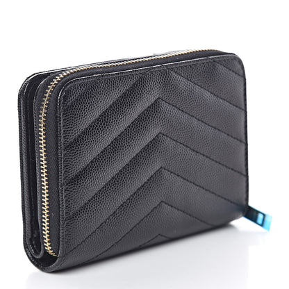 Saint Laurent Grain De Poudre Matelasse Chevron Monogram Compact Zip Around Wallet Black 3 of 9