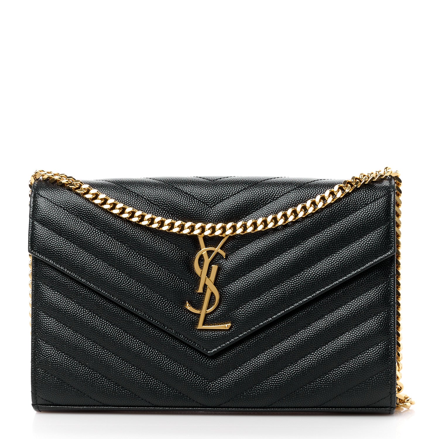 Saint Laurent Grain De Poudre Matelasse Chevron Monogram Envelope Chain Wallet Black 1 of 11