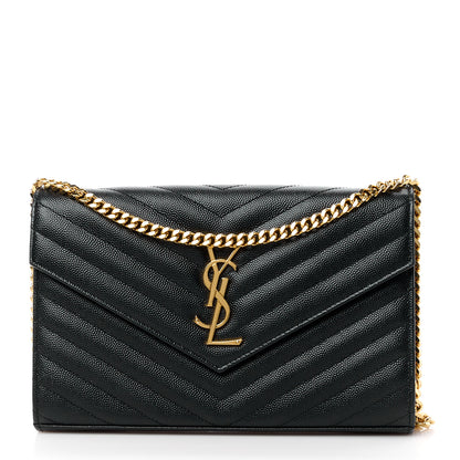Saint Laurent Grain De Poudre Matelasse Chevron Monogram Envelope Chain Wallet Black 1 of 11