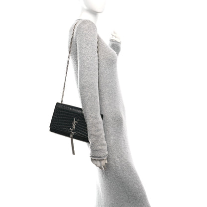 Saint Laurent Calfskin Crocodile Embossed Medium Classic Monogram Kate Tassel Satchel Black 2 of 11