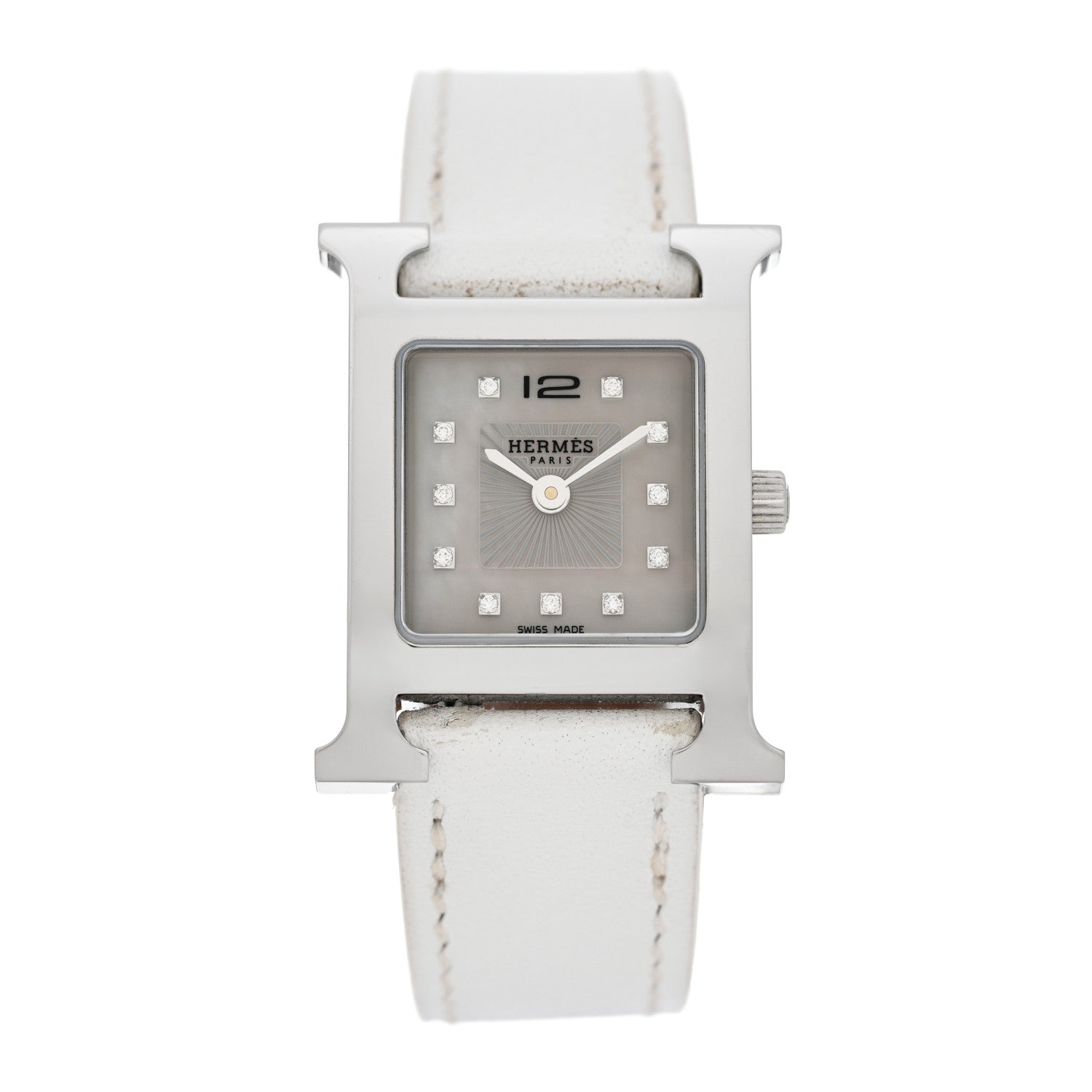 Hermes Stainless Steel Epsom Diamond Mother of Pearl 21mm Heure H Hour Quartz Watch Blanc 1 of 8