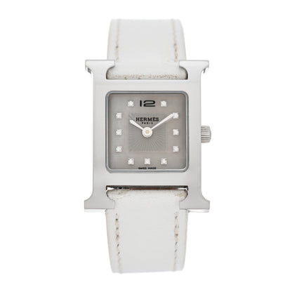 Hermes Stainless Steel Epsom Diamond Mother of Pearl 21mm Heure H Hour Quartz Watch Blanc 1 of 8