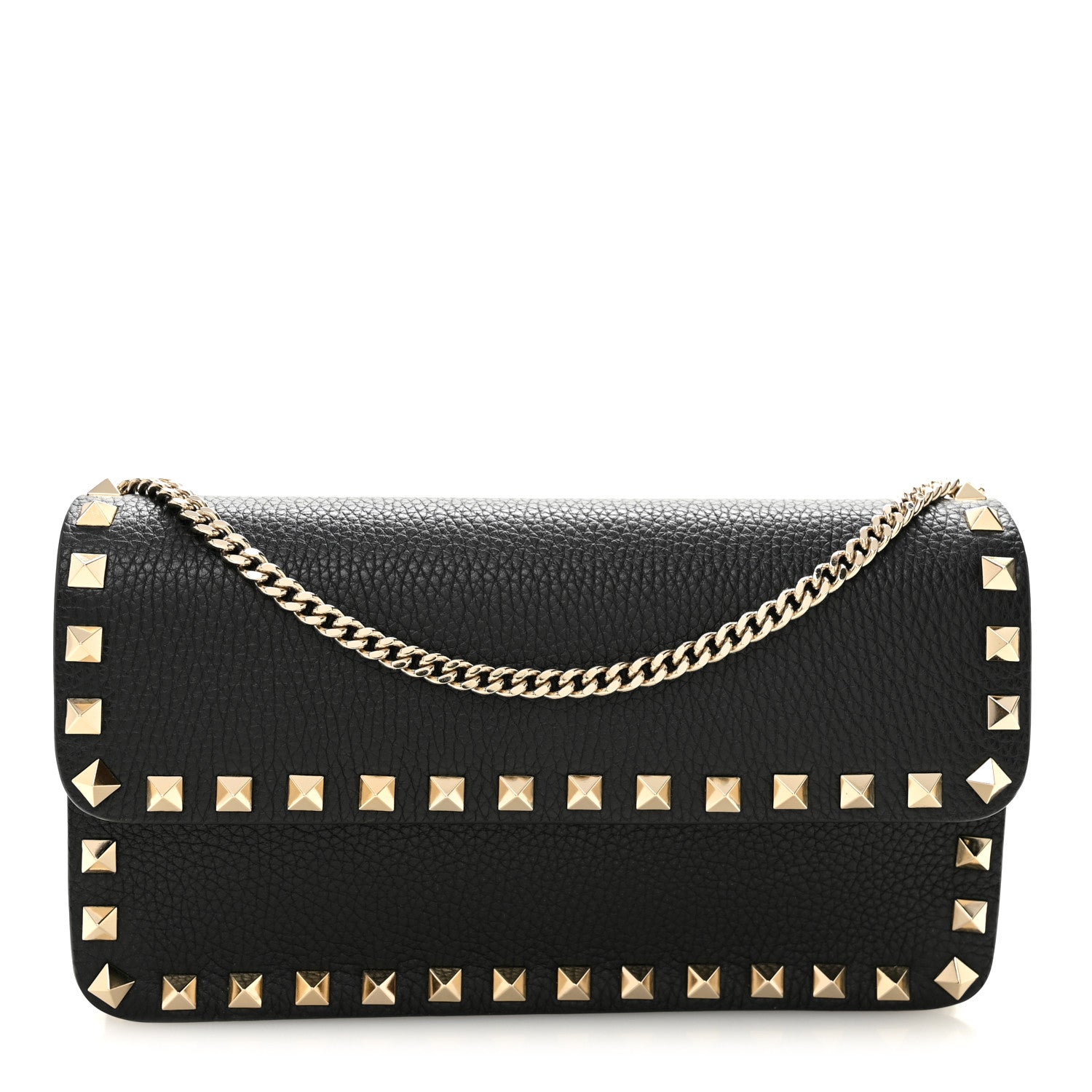 Valentino Garavani Pebbled Calfskin Rockstud Flap Wallet On Chain Black 1 of 11