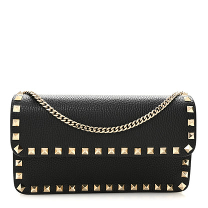 Valentino Garavani Pebbled Calfskin Rockstud Flap Wallet On Chain Black 1 of 11