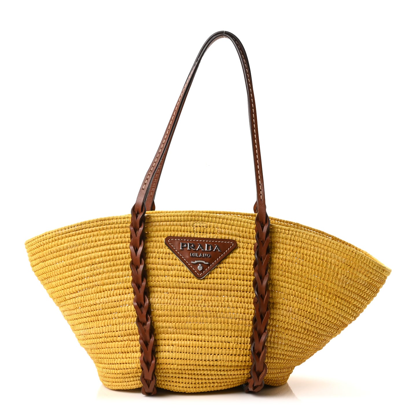Paglia Vitello Woven Braided Basket Tote Yellow Cognac