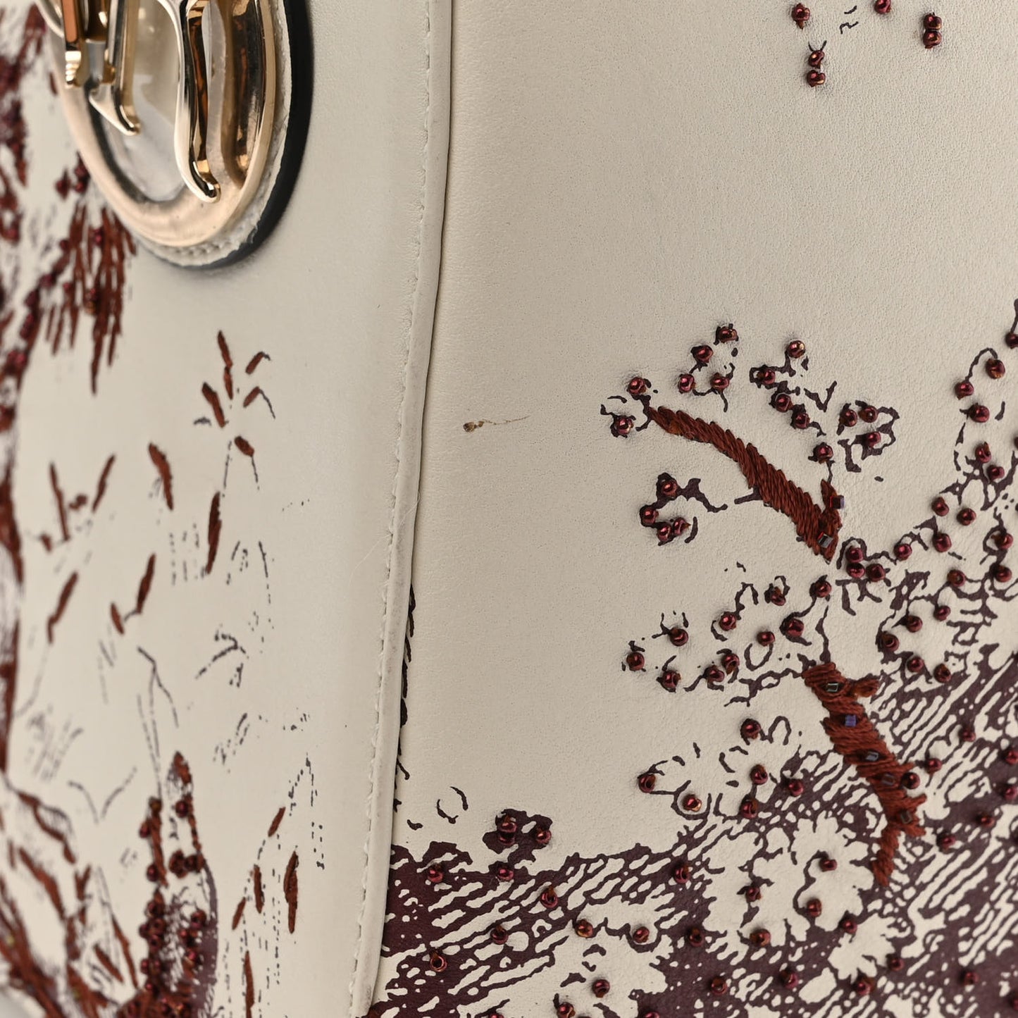 Calfskin Embroidered Medium Toile De Jouy Lady Dior White Red