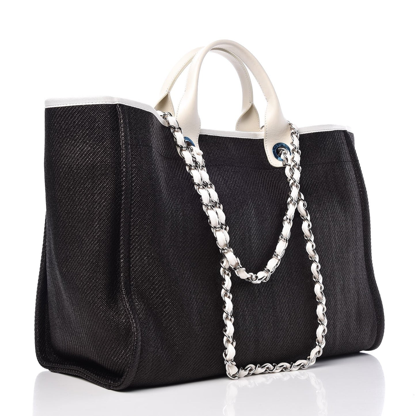 Woven Straw Raffia Large Deauville Tote Black White
