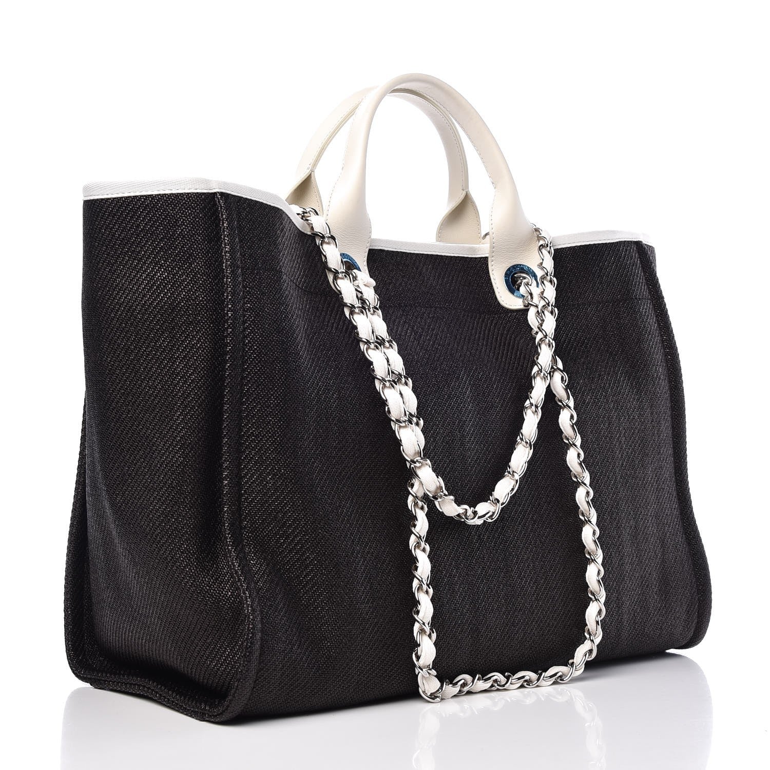 Chanel Woven Straw Raffia Large Deauville Tote Black White 4 of 8