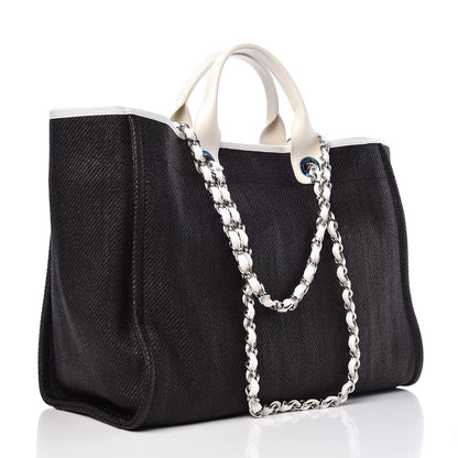 Chanel Woven Straw Raffia Large Deauville Tote Black White 4 of 8