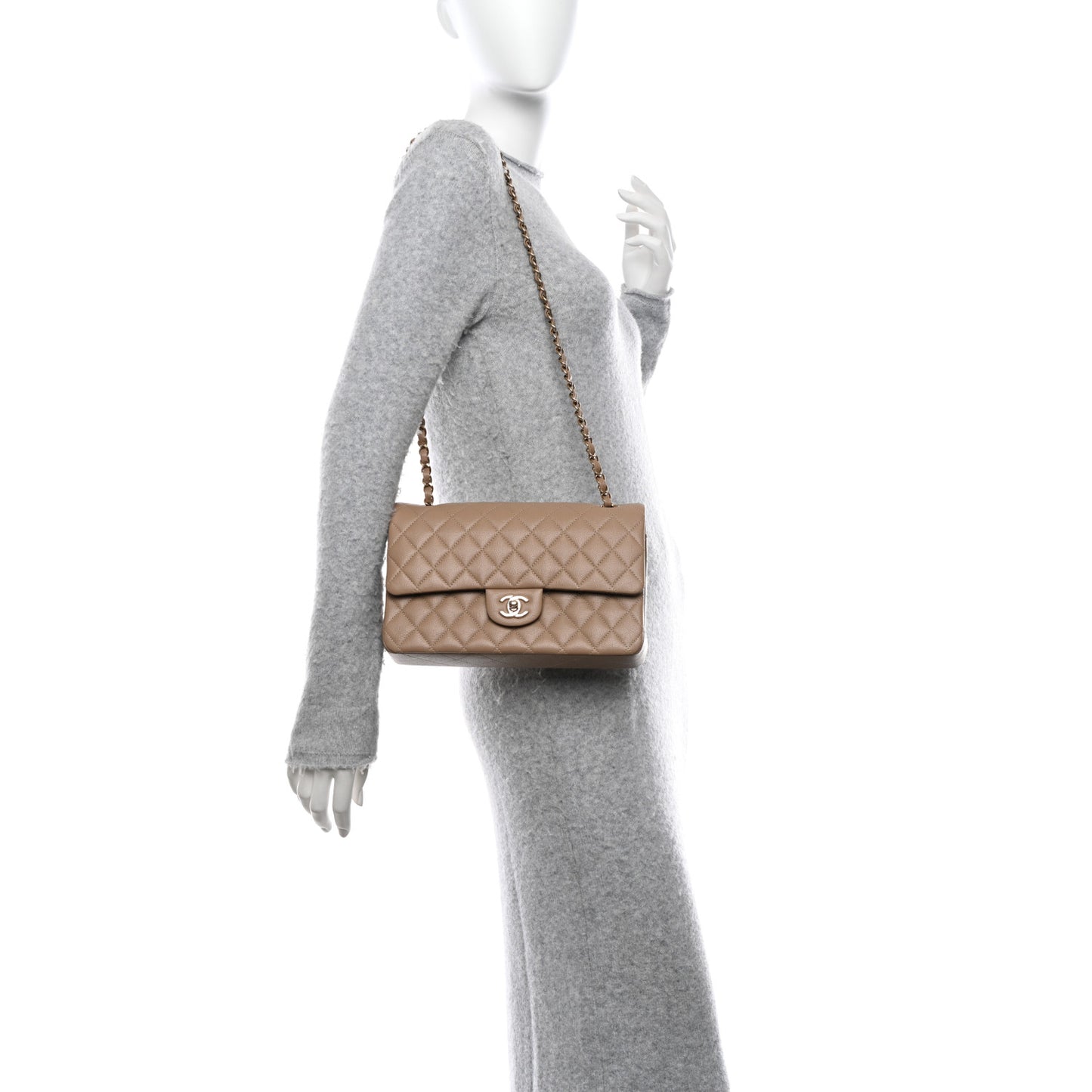 Caviar Quilted Medium Double Flap Dark Beige