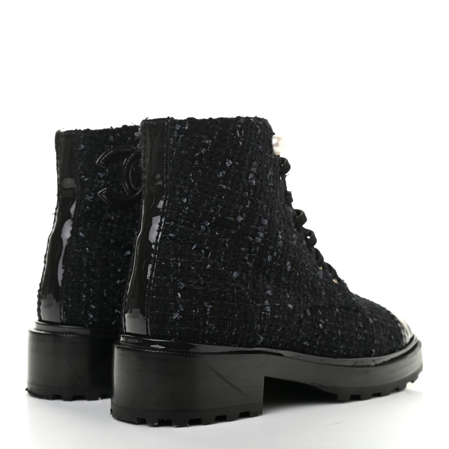 Tweed Patent Calfskin Pearl Combat Short Boots 36.5 Black Grey